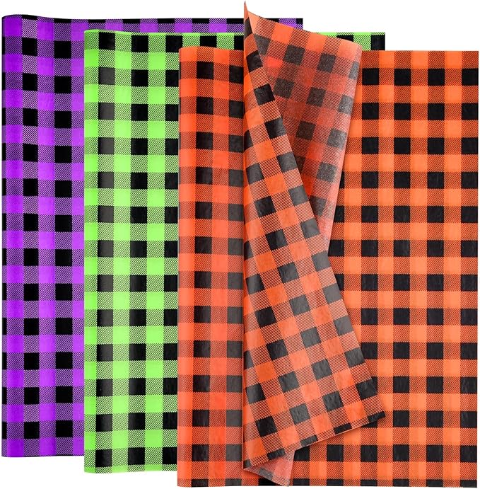 NEBURORA 120 Sheets Halloween Tissue Paper 14 x 20inch Orange Green Purple Buffalo Plaid Wrapping Paper for DIY Craft Gift Bags Halloween Party Supplies