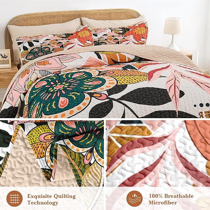 Quilt Set Twin Size, Boho Floral 2 Pcs Soft Bed Cover Bedding Set, Mid Century Flowers Lightweight Bedspread Coverlet with Pillow Sham for All Season