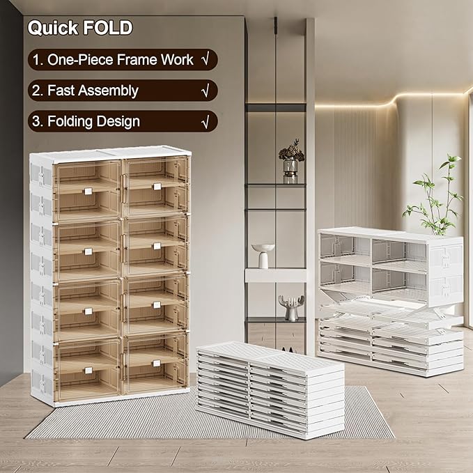 wesimple 32 Pairs Shoes Storage Cabinet of 3-Step Fast Installation,Plastic Shoe Rack with Clear Magnetic Door for Display, Shoe Organizer for Sneaker, Sandals, Heels (2 Row, 8 Tier)