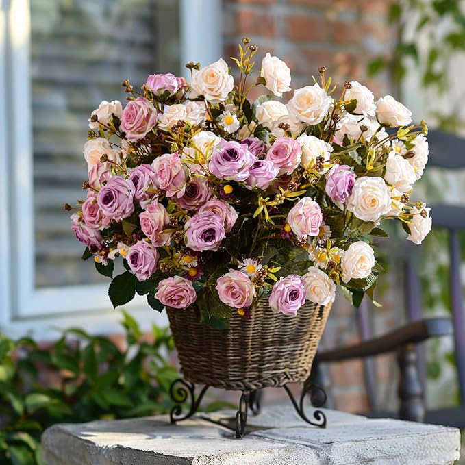 Artificial Rose Flowers for Outdoor 4 Bundles Rose Bouquet with Daisy Faux Flowers UV Resistant for Home Indoor Outside Garden Porch Window Box Balcony Yard Porch Fall Decor (White+Purple)