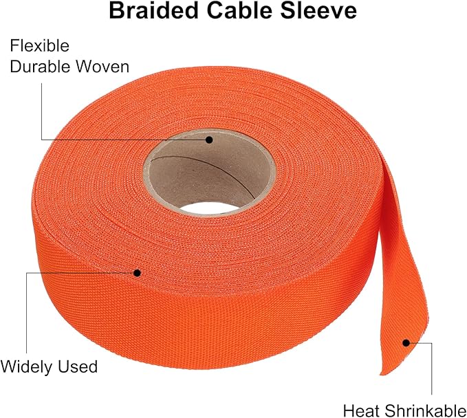 MECCANIXITY Braided Cable Sleeves Heat Shrinkable Fabric Sleeving, 1 1/4" 60ft Orange 2:1 Ratio Heat Shrinkable Cord Protector for Harness Cable, Network Cable Protection, Cable Management