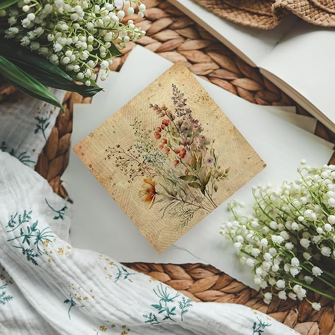 Vintage Fall Wildflower Wooden Box Sign, Floral Desk Decor, Retro Floral Decorative Signs for Office, Living Room, Bedroom, Botanical Flowers Home Shelf Decor - 5x5 Inch