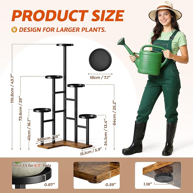 5 Tiered Plant Stand Indoor with 7.1 Inch Wide Tray, Corner Metal Plant Stand Outdoor Tall Flower Holder Stand, Tall Rack for Display Shelf for Patio Porch Office LivingRoom - BlackDisk