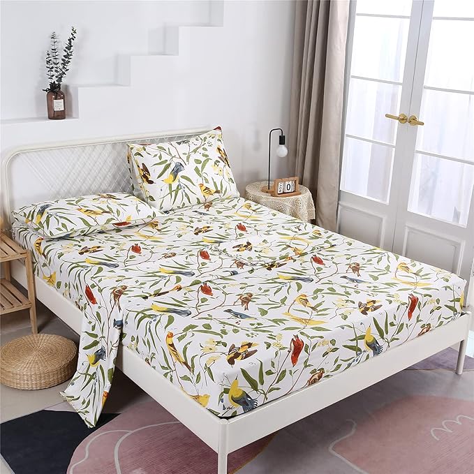 RYNGHIPY Farmhouse Flowers Print Bed Sheet Collection Set Botanical Floral Sheets with Pillowcases (White Green,King Size)