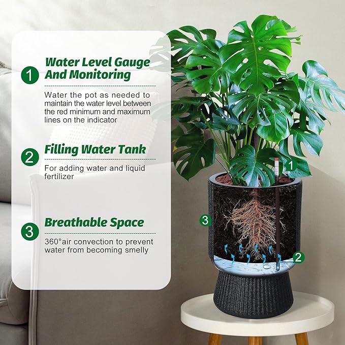 14.2" Tall Planters Set of 2, Plant Pots, Self Watering Pots for Indoor Plants, Flower Pots with Built-in Drainage and a Water Level Monitor, for Patio, Porch, Living Room, or Office, Black