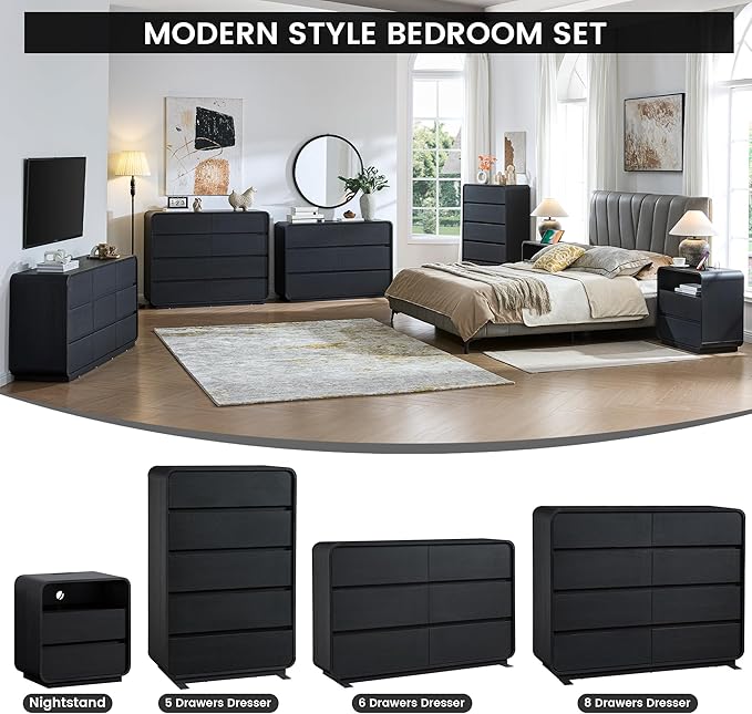 Black Dresser with 8 Drawers, Modern Chest of Drawers with Deep Drawers, Big Storage Organizer for Bedroom, Living Room, Hallway, 47’’Wide