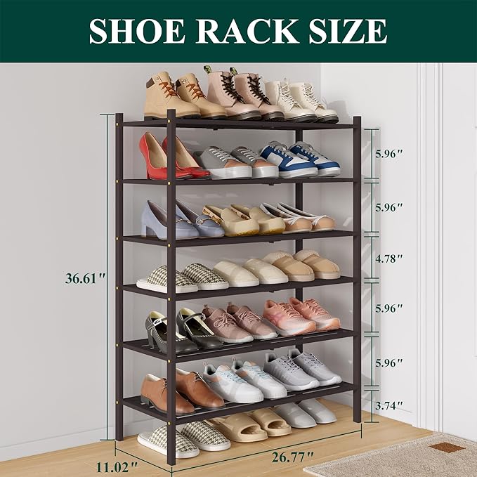 Smiry Bamboo Shoe Rack 6-Tier, Stackable Wooden Shoe Organizer for Entryway & Closet, Free Standing Wood Shoe Storage Shelf for Front Door & Small Spaces, Brown