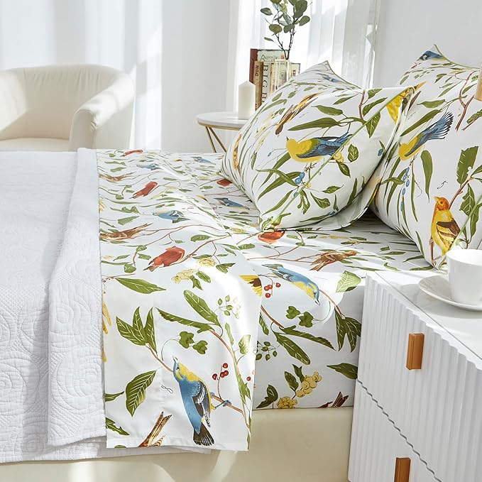 Brandream Eastern Floral Birds Chinoiserie Blossom Print Bed Sheet Set Luxury Bedding Collections 800TC 100% Egyptian Cotton Deep Pocket White Green Botanical Tree Branches Ornamental, 4Pc-Queen Size