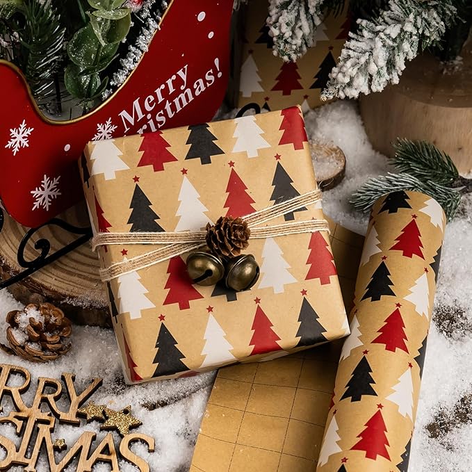 MAYPLUSS Kraft Trees Christmas Wrapping Paper - 17 Inch X 33 Feet - Minimalistic Little Red Black White Trees Kraft Recyclable Winter Holiday Gift Wrap Paper for Party, DIY Crafts & Festive Decoration