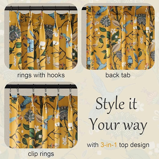 Floral Pattern Curtains for Living Room 72 Inches Long Luxury Whimsical Mustard Yellow Lemon Design Hummingbird Colorful Pinch Pleated Blackout Drapes for Bedroom Dining Room 2 Panels