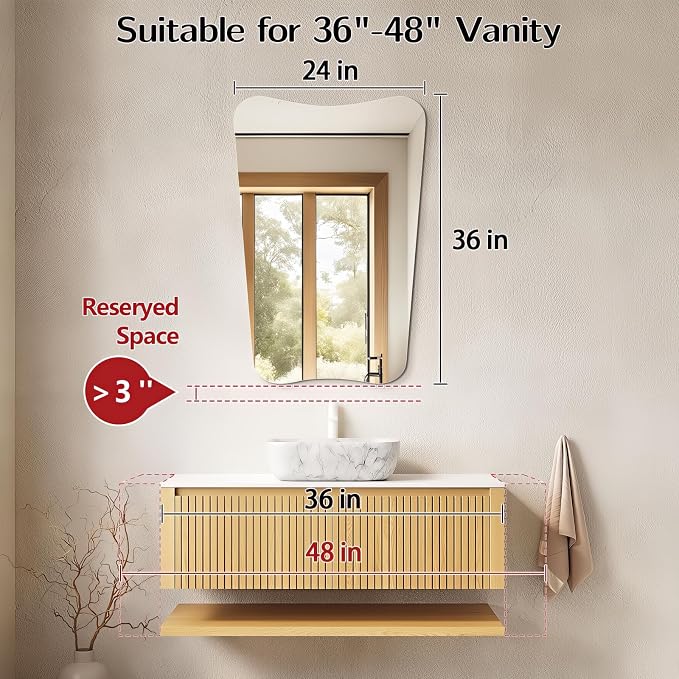 Niccy Irregular Mirror, 24"x36" Asymmetrical Bathroom Mirror, Decorative Modern Mirrors for Bathroom, Bedroom, Living Room, Entryway, Frameless Vanity Mirror, Unique Wall Mounted
