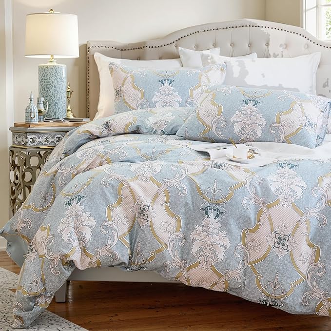 100% Natural Cotton Duvet Cover Set King 3 Pcs Grayish Blue Duvet Cover with Luxurious Damask Pattern, Reversible Breathable Soft Comforter Cover Sets with Zipper Closure All Season