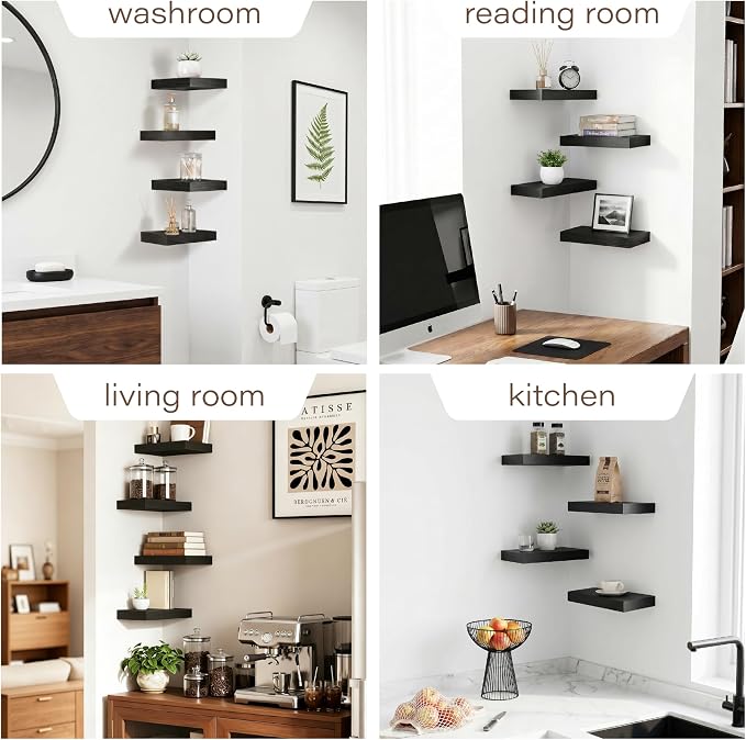 Black Floating Shelves for Wall Set of 4, 11.8 Inch Small Wall Shelves for Bathroom Over Toilet, Home Office & Bedroom Storage, Wall Mounted Shelf System for Decor, Books & Collectibles