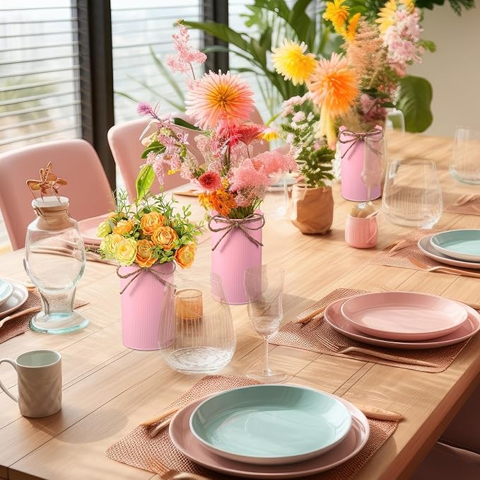 Domensi 5.91 in High Farmhouse Vase Decor Galvanized Metal Flower Vase with Twine Bow Vintage Rustic Tin Flower Buckets for Artificial Floral Table Container DIY(Pink,8 Pcs)