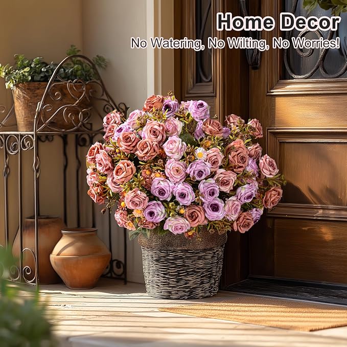 Artificial Rose Flowers for Outdoor 4 Bundles Rose Bouquet with Daisy Faux Flowers UV Resistant for Home Indoor Outside Garden Porch Window Box Balcony Yard Porch Fall Decor (Purple+Brown)