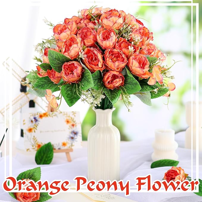 12 Bundles Peonies Artificial Flowers Fake Peony Bouquet Faux Peonies Flowers Bulk with Stems Flower Balls for Centerpiece Table Decorations Wedding Bridal Floral Arrangement (Orange)