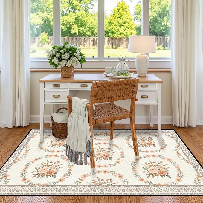 4'x6' Boho Floral Area Rug Vintage Peach Rose Carpet Non-Slip Washable Floor Mat Neutral Aesthetic Botanical Rug for Bedroom Living Room Nursery Kitchen Playroom Home Decor