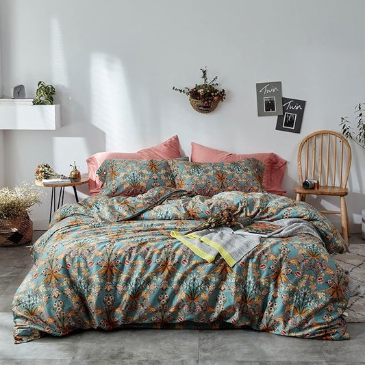 mixinni Vintage Floral Duvet Cover Twin XL Boho Bedding Soft Cotton Flower Pattern Bedding Set with Zipper Ties Perfect for Girls,Ultra Soft, Breathable, Comfortable(3pcs, Twin XL Size)