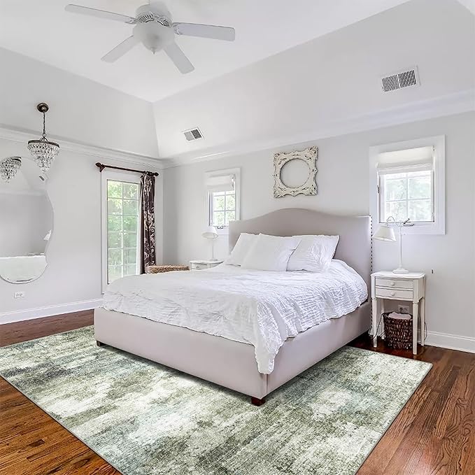 5x7 Area Rugs - Ultra-Thin Washable Rug with Non-Slip Backing, Ideal for Living Room, Bedroom, Kitchen Floor Carpet - Modern Abstract Style, Easy Clean, Durable, Low Pile Green