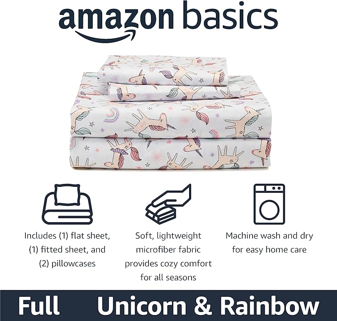 Amazon Basics Microfiber Kids' Sheet Set with Pillowcase, 4 Piece, Full, Unicorn and Rainbow