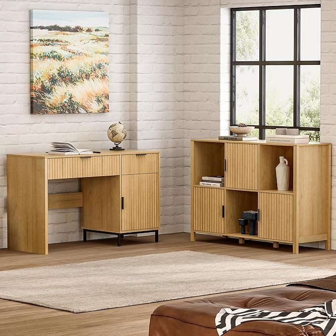 47" Fluted Executive Desk, Modern Wood Home Office Desk with Charging Station, Drawer & Cabinet, Computer Writing Desk for Work Study, Natural Oak