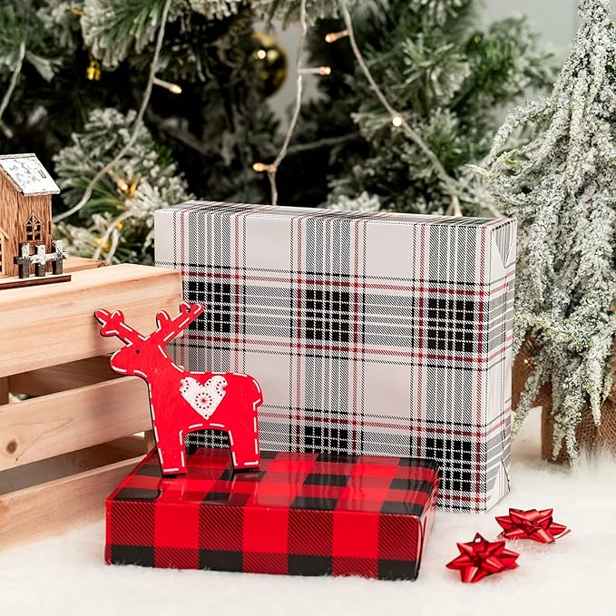 MAYPLUSS Christmas Reversible Wrapping Paper - Mini Roll - 17 Inch X 32.8 Feet - Red Black Buffalo Plaid Patterns (47.3 sq.ft.ttl)