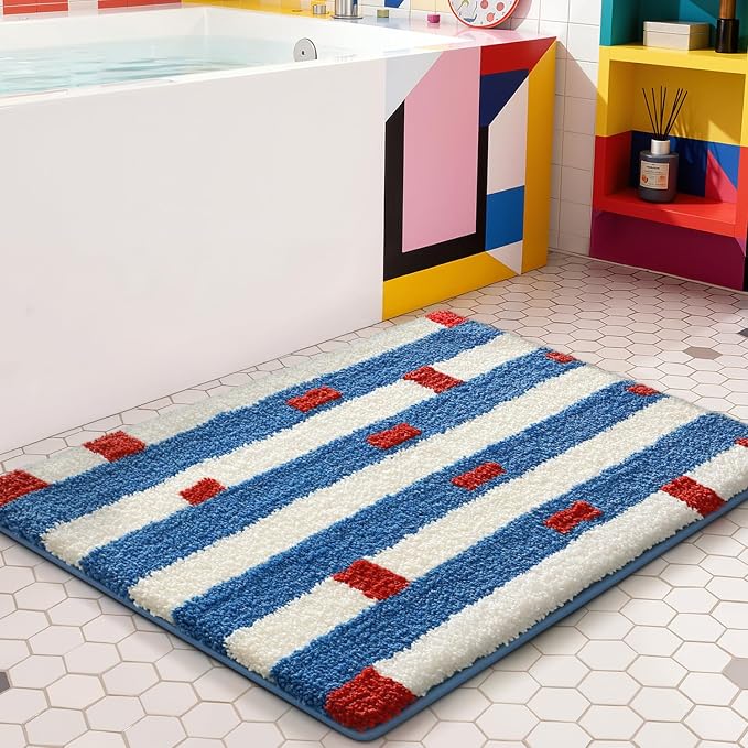 LUMI Bathroom Rugs with Blue White Stripe, Soft Absorbent Bath Mat for Modern Home Decor, Non-Slip Quick-Dry Bath Rug, Machine Washable Floor Mat for Shower and Tub, Entryway, 20"x32"