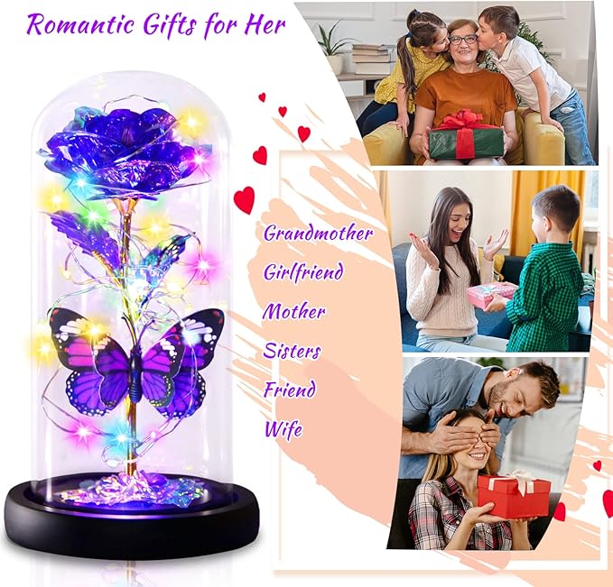 Purple Butterfly Rose Flower Birthday Gifts - Women Gifts for Her Mothers Day Valentines Anniversary Christmas Thanksgiving - Light Up Rose Flower Gifts for Mom Wife Grandma Girlfriend Daughter Sister
