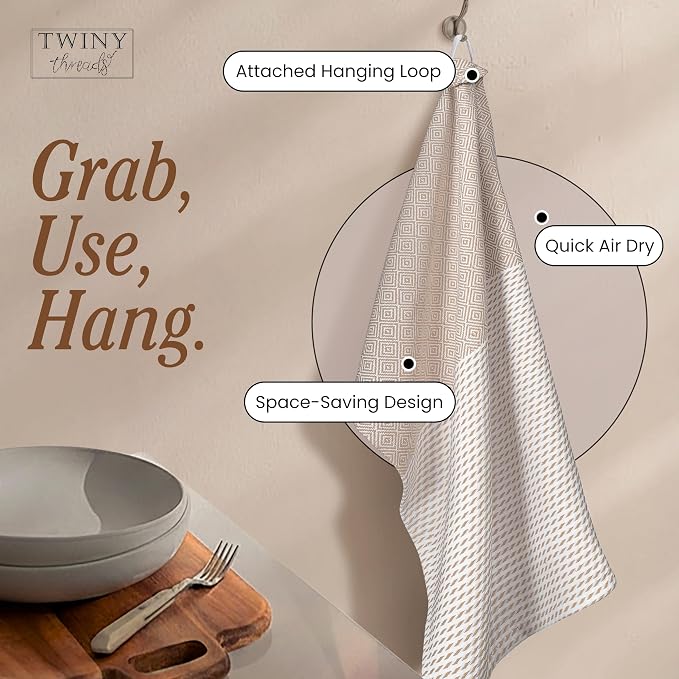 TWINY threads Kitchen Dish Towel Diamond Weave, Large Premium 100% Cotton Kitchen Linen Set, Absorbent Dish Rags for Drying Dishes, Quick Drying Washable Reusable, 4 Pack, 18x26 Inch, Beige