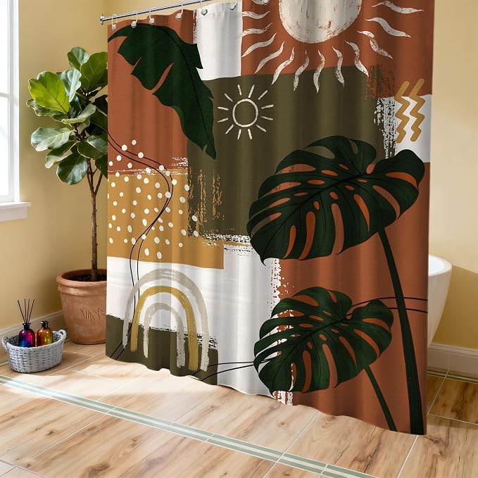 Mid Century Modern Shower Curtain Boho Abstract Tropical Leaf Shower Curtains for Bathroom Decor Sets, Waterproof Cloth Fabric with Hooks, 70x72 Inch