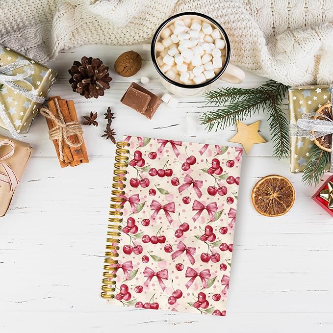 JKMBN Coquette Pink Bow Cherry Spiral Notebook for Women Girls, Vintage Journaling Notebooks, Cute Pink Notebook Journal, Pink Office Supplies, Hardcover Spiral Lined Notebook 5.5 x 8.3