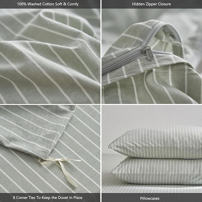 MooMee Striped Duvet Cover Set 100% Washed Cotton Linen Like Textured Breathable Durable Soft Comfy (Sage Green White Wide Stripes, Alaska King 132"x120")