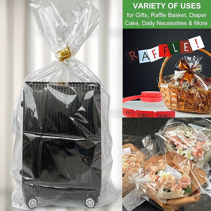 SYOGUA 10 Pack Extra Large Cellophane Bags, 40 x 55 inch, 3 Mil Thicker Clear Gift Bags for Baskets Wrapping Plastic, Jumbo Huge Clear Cellophane Wrap Gift Basket Bag