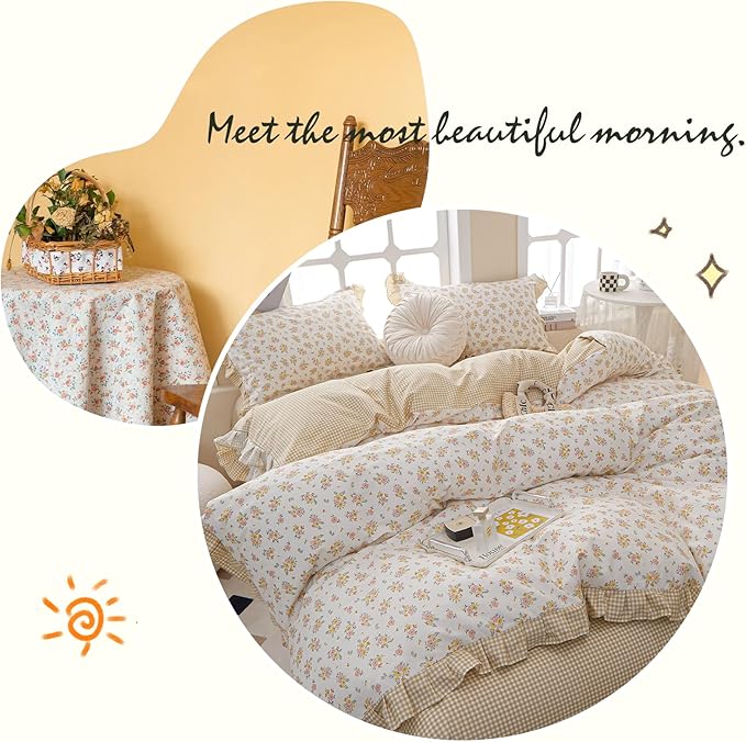 Girls Ruffle Duvet Cover Twin Chic Floral Lace Duvet Cover 100% Cotton Flower Bedding Set Romantic Ruffle Comforter Cover Girls Princess Bedding Set Vintage Floral Botanical Comforter Cover Twin