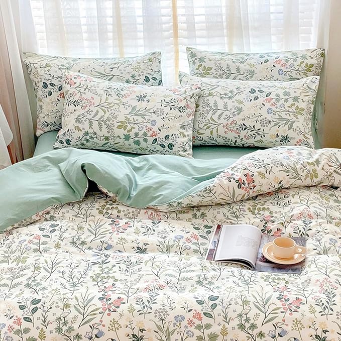 HighBuy Girl Peach Green Flower Duvet Cover Full Soft Cotton Botanical Floral Bedding Set Full Green Garden Cottagecore Comforter Cover with 2 Pillowcases Teen Bedding Sets Ultra Soft