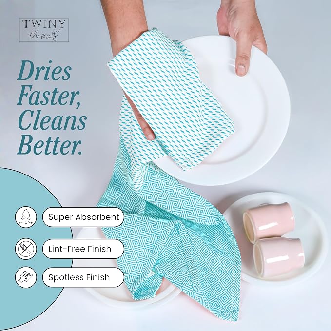 TWINY threads Kitchen Towel Diamond Design, Premium 100% Cotton Kitchen Linen Set, Large Dish Rags and Wash Rags, Absorbent Quick Drying, Washable Reusable, Pack of 4, 18"x26", Aqua Blue
