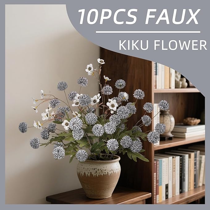 8PCS Blue Fake Flowers Artificial Chrysanthemum Faux Mums Matching 2PCS White Daisy Faux Flowers for Vase Fall Long Stems Flower Silk Flower for Home Decoration Wedding Decor,20.5In,No Vase