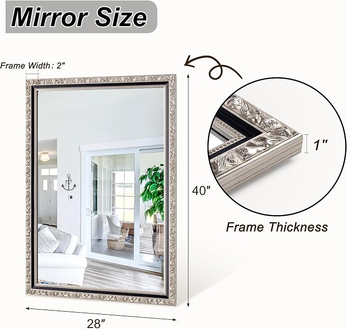 Vintage Black Silver Mirror, 40'' x 28'' Antique Wall Mirrors with Ornate Silver Carved Frame, Decorative Mirror for Living Room, Bathroom, Bedroom, Entryway, Fireplace, Horizontal/Vertical
