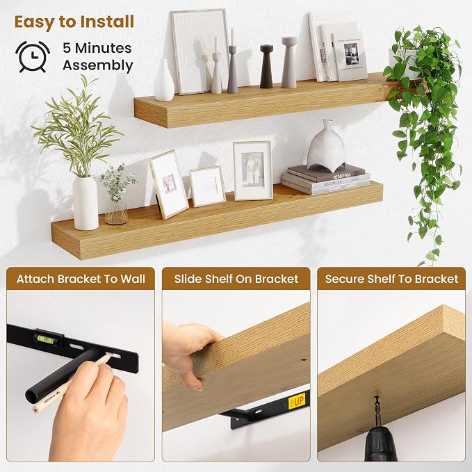 Fun Memories Floating Shelves for Room Wall, 36 Inch Long Shelf Set of 2， Hanging Wood Shelves for Storage & Display, Oak