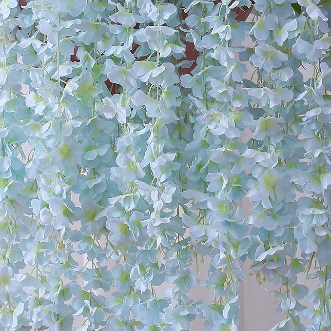 Duovlo 12 Piece Artificial Silk Wisteria Vine 3.6 Feet Hanging Flower Garland String Home Party Wedding Decor (Light Blue)