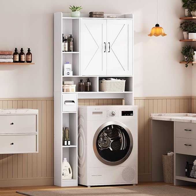 Over the Toilet Storage Cabinet, 31”W Bathroom Organizer with Double Doors, Above Toilet Rack, Detachable Toilet Paper Holder for Bathroom & Laundry Room White