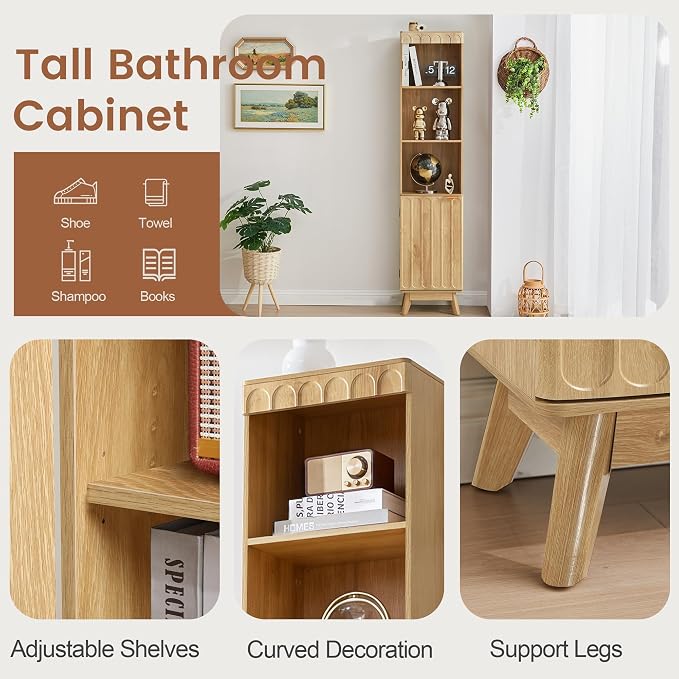 Tall Narrow Bookshelf with Door, Mid Century Modern Bookcase, 71" Slim Storage Cabinet with Adjustable Shelves, Modern Open Display Storage Organizer for Living Room Bathroom Office, Natural