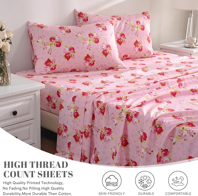 Bedlifes King Sheet Set Ultra Soft, Breathable, Silky Flower Deep Pocket 100% Microfiber Bedding, 4 Piece King Size Pink Floral(Red Rose)