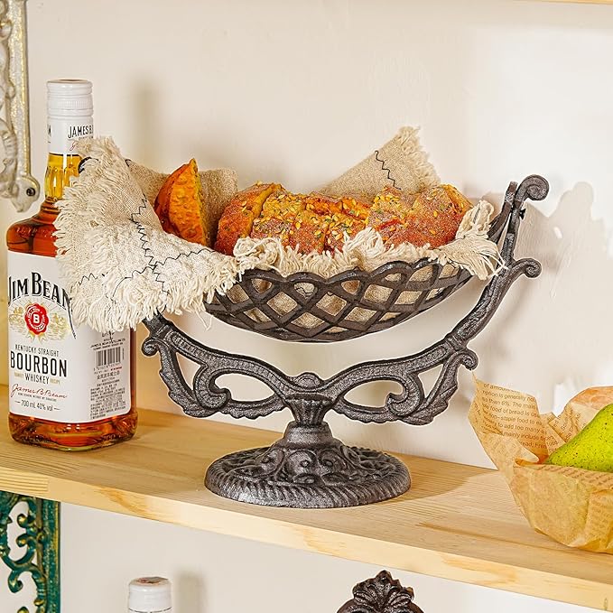 Sungmor Vintage Cast Iron Fruit Basket Bowl – Rustic Decorative Countertop Fruit Holder, Heavy-Duty Metal Kitchen Organizer, Antique Farmhouse Table Centerpiece, Black