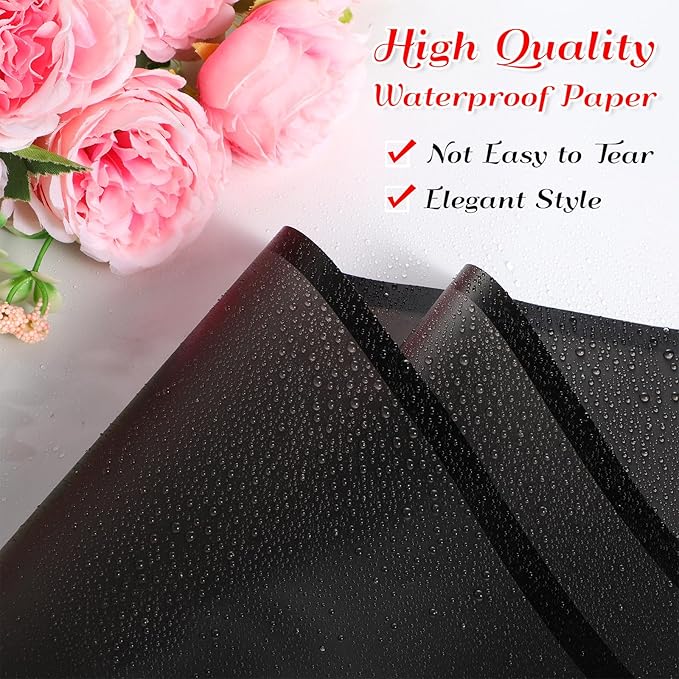 Ctosree 240 Sheets Flower Wrapping Paper, 22.8 x 22.8 Inch Waterproof Florist Floral Korean Flower Bouquet Wrapping Paper for Wedding Birthday DIY Gift Packaging Bouquet(Black)