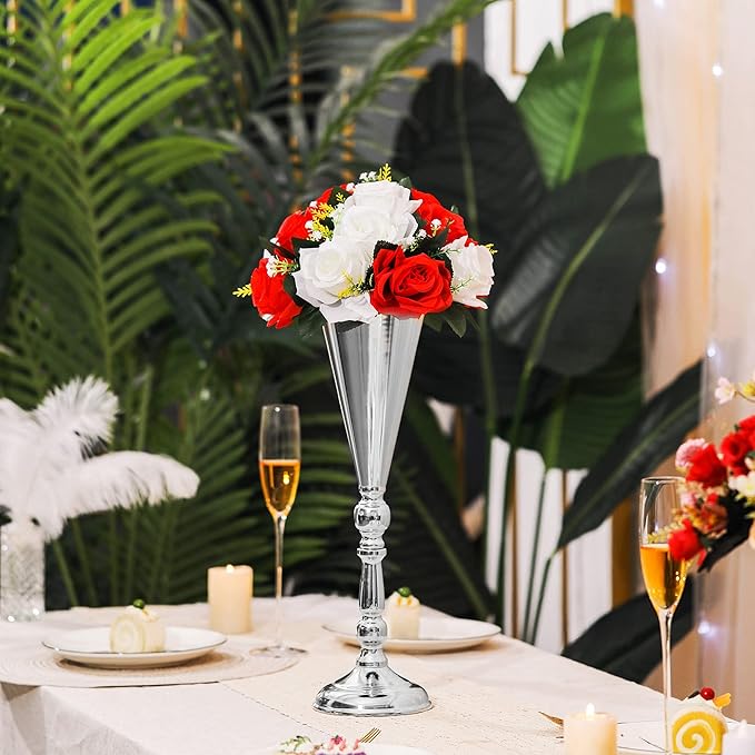 Set of 2 Tabletop Metal Wedding Flower Trumpet Vase Wedding Centerpiece Flower Vase for Wedding Event Decoration Living Decor Party Decor (Silver, 2×M)