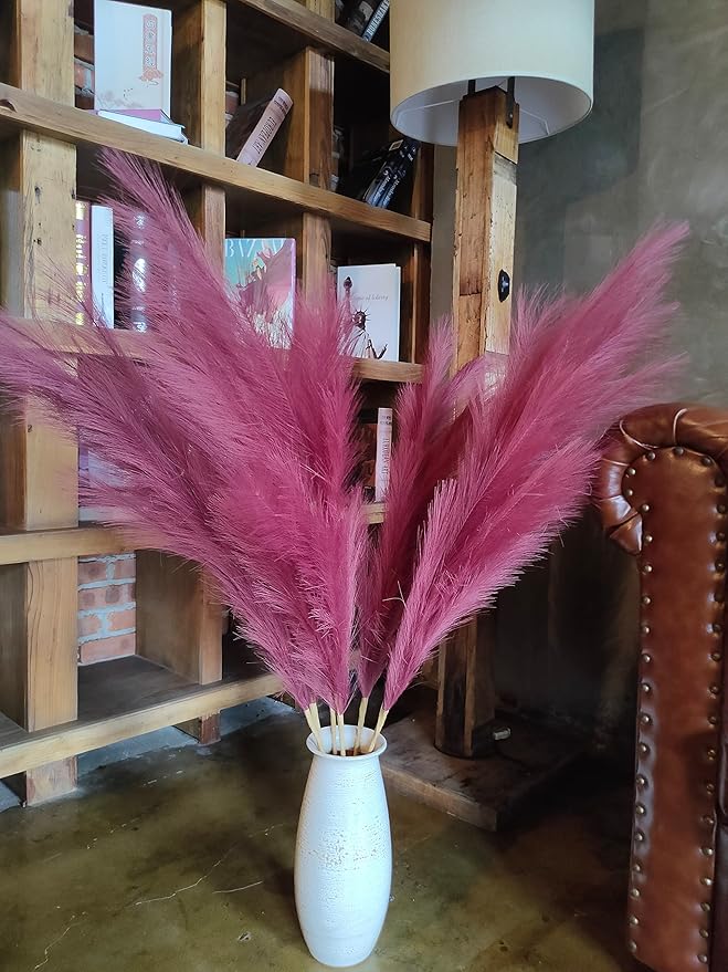 Premium Faux Pampas Grass Decor Tall & Fluffy, No Assembly Needed Long Pampas, Burgundy Red Large Floral, Elegant Feather Flowers for Wedding Decor(Faux Claret Red, 8pcs 43.3"(110cm))