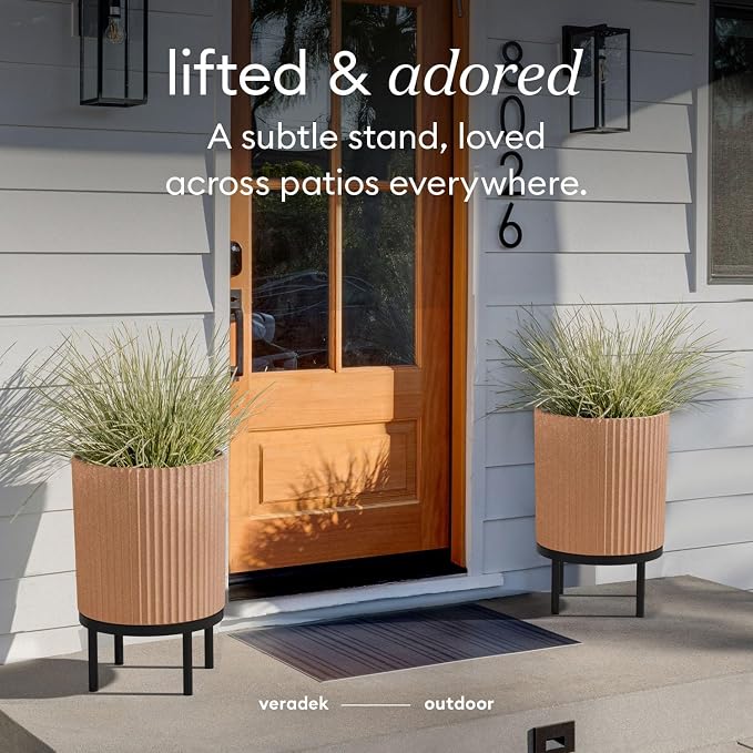 Veradek Demi Series Round Planter w/Stand for Porch/Patio | Durable Plastic-Stone Composite & Wooden Stand | Modern Décor for Tall Plants, Flowers
