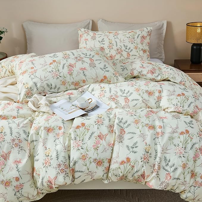 100% Cotton Duvet Cover Queen Size – Vintage Botanical Floral Duvet Cover Set with Zipper Closure, 3-Piece Soft Breathable Natural Premium Cotton Bedding Set for All Seasons