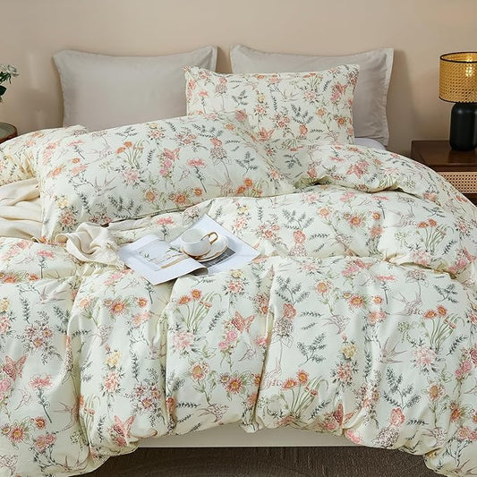 100% Cotton Duvet Cover King Size – Vintage Botanical Floral Duvet Cover Set with Zipper Closure, 3-Piece Soft Breathable Natural Premium Cotton Bedding Set for All Seasons